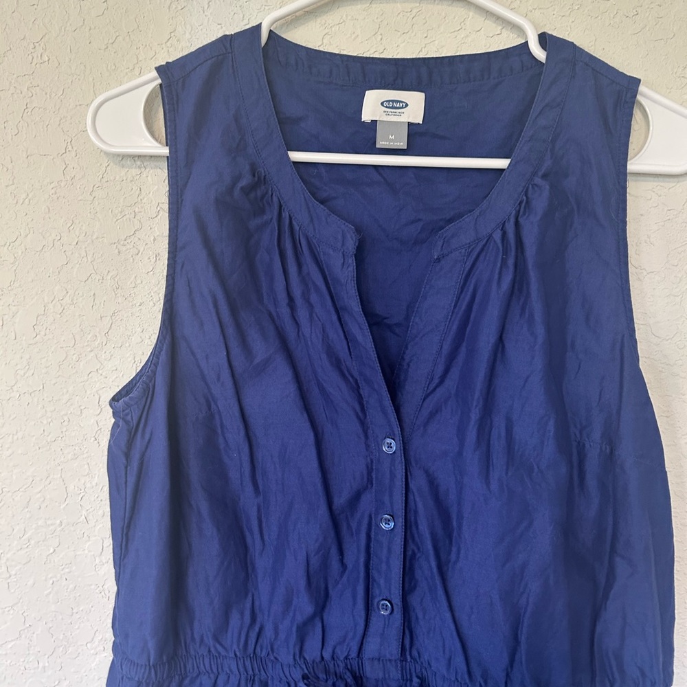 Old Navy Sleeveless Button Down Deep Blue Midi Dress with Eyelet Hem Size M - Picture 2 of 7